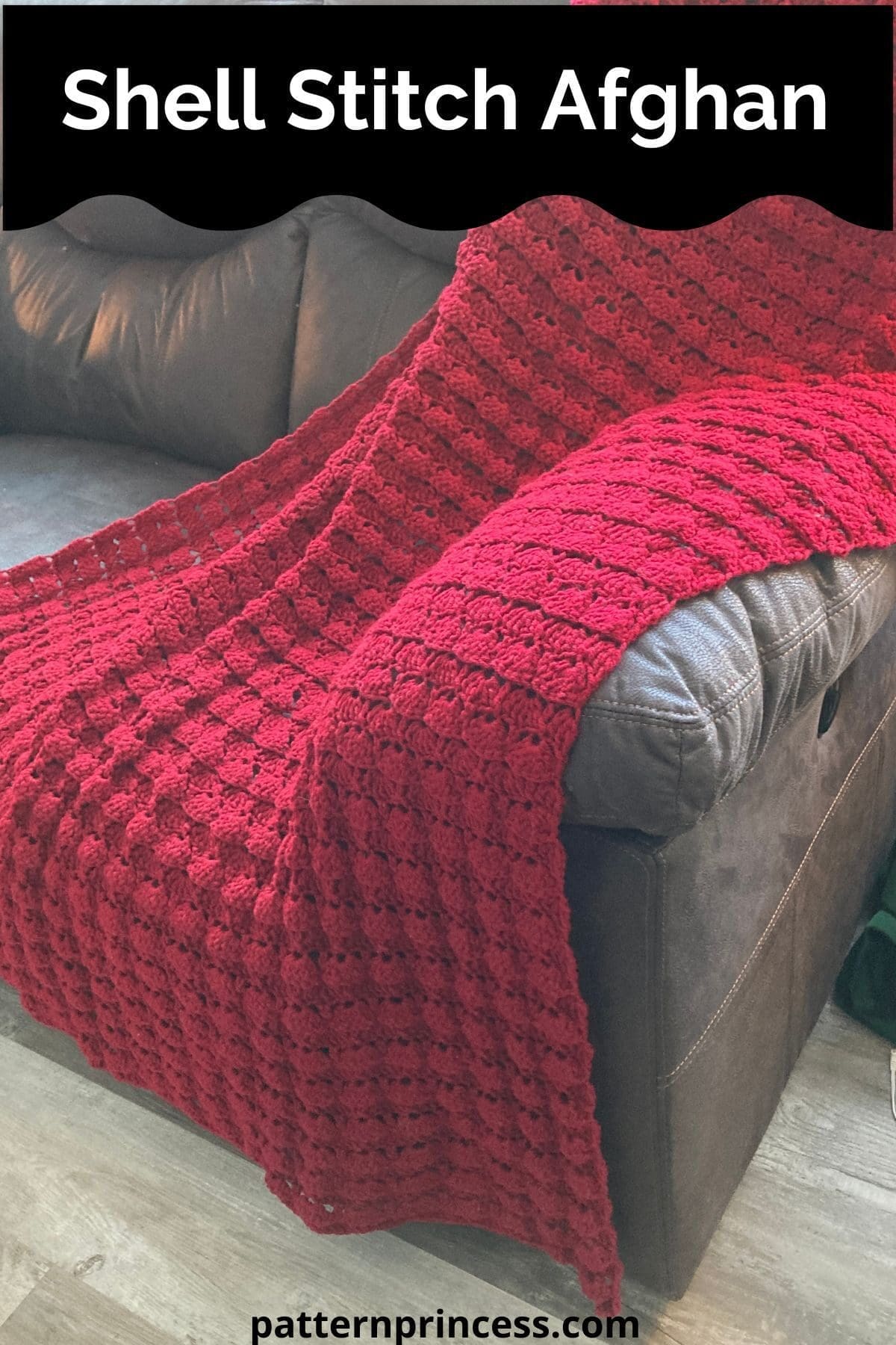 Shell Stitch Afghan on brown sofa