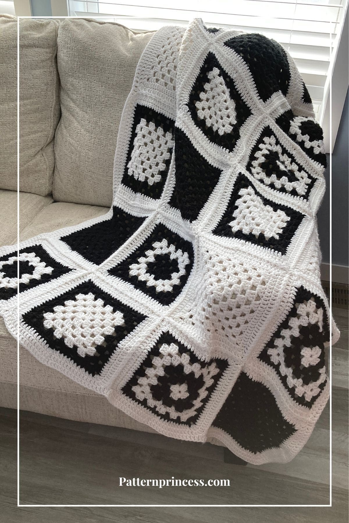 Black and White Granny Square Blanket on Sofa