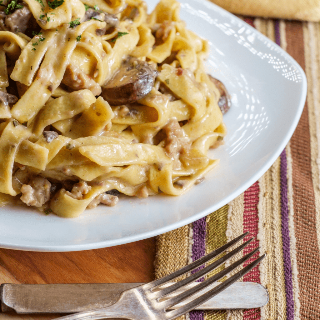 Slow Cooker Creamy Noodles and Ground Beef Served on a Plate