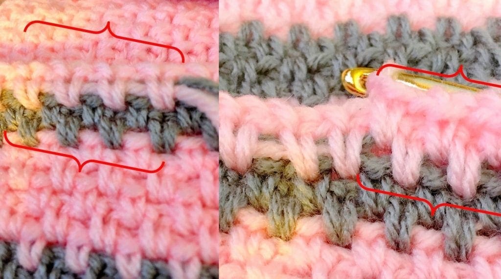 Crocheting over yarn in linen stitch