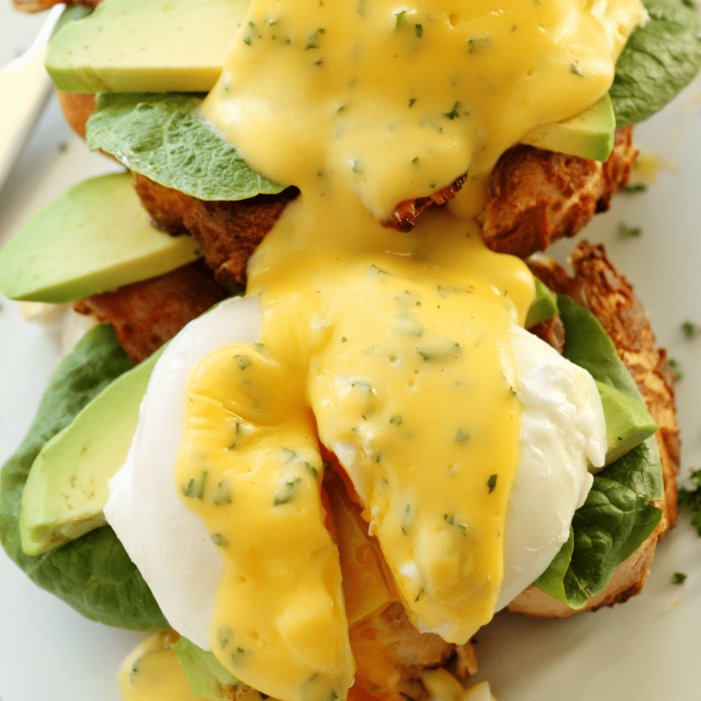 Crispy Bacon Spinach Avocado Egg with Hollandaise Sauce