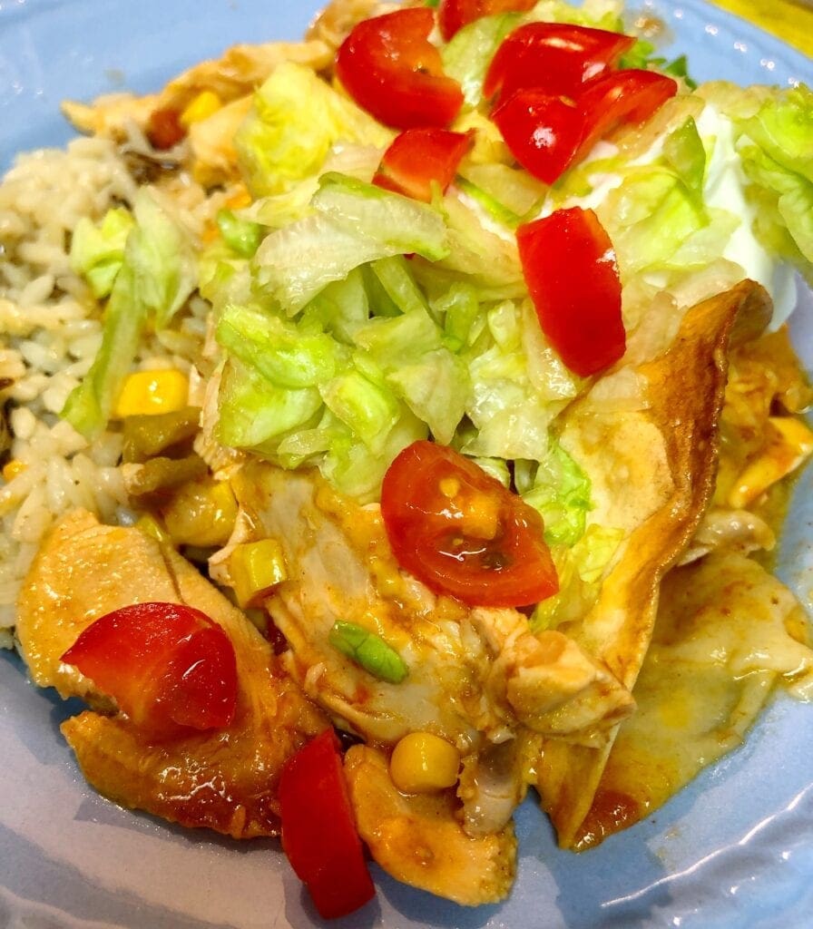 Saucy Mexican-Chicken Bake Served with Rice