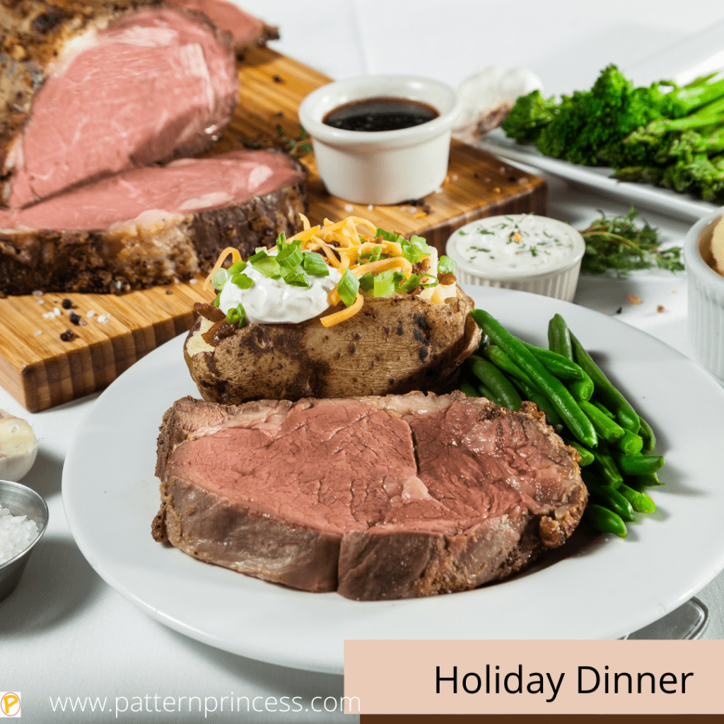 Prime Rib Christmas Meal with Baked Potato and Green Beans