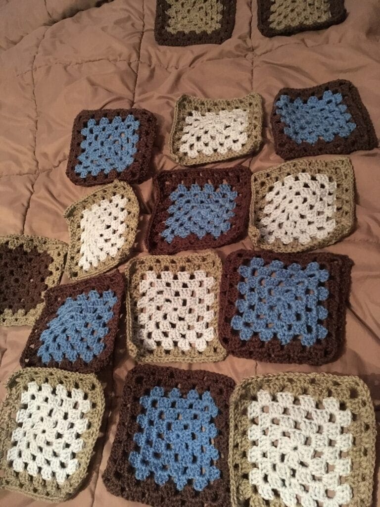 Arranging Blue Agate Granny Square Blanket Squares