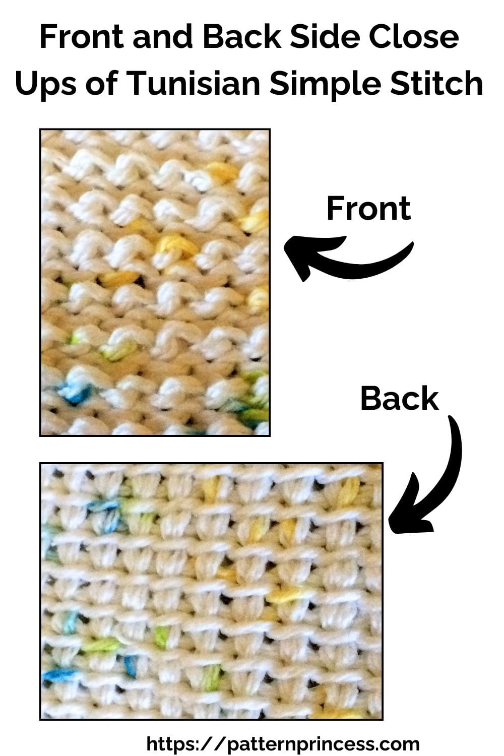 Front and Back Side Close Ups of Tunisian Simple Stitch