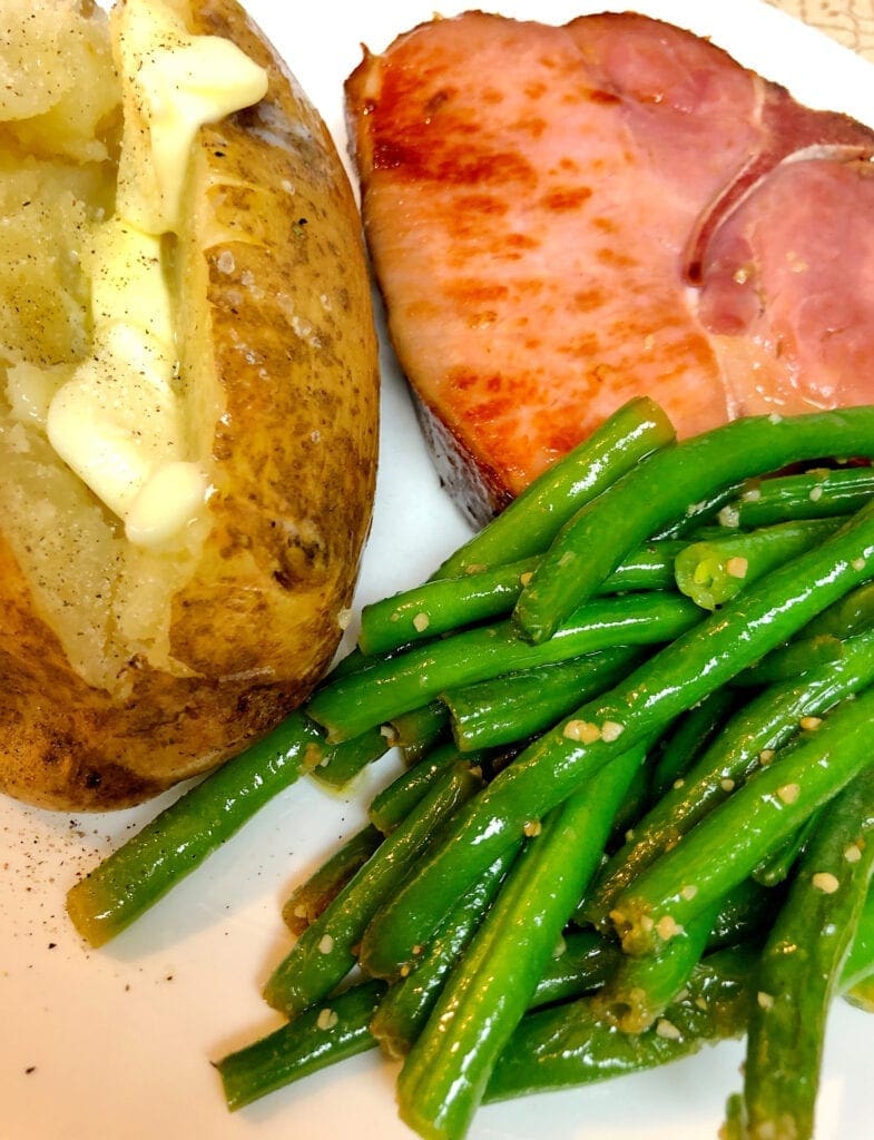 Skillet Garlic Green Beans, Smoked Pork Chops, and Baked Potato