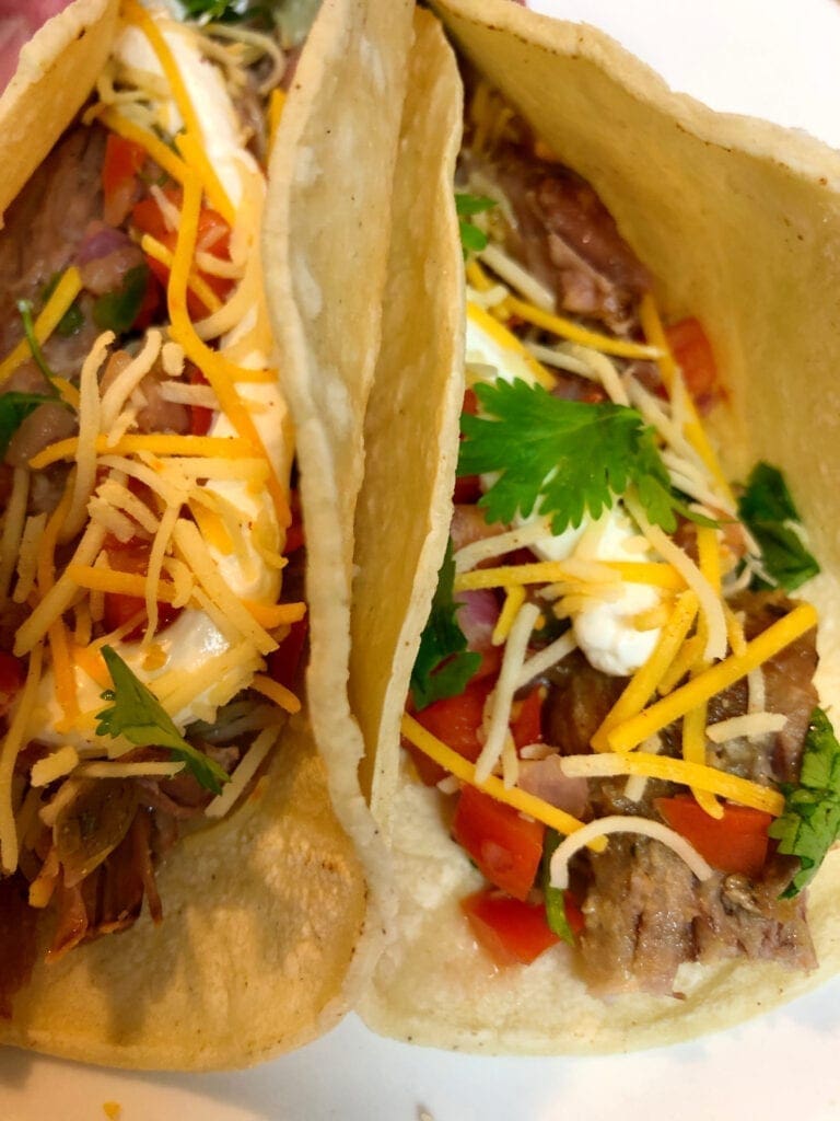 Pork Carnitas with Salsa Verde, Cilantro, and Pico de Gallo in Flour Tortillas