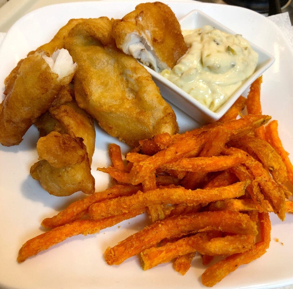 Crispy Beer Battered Fish, Sweet Potato Fried, and Homemade Tartar Sauce