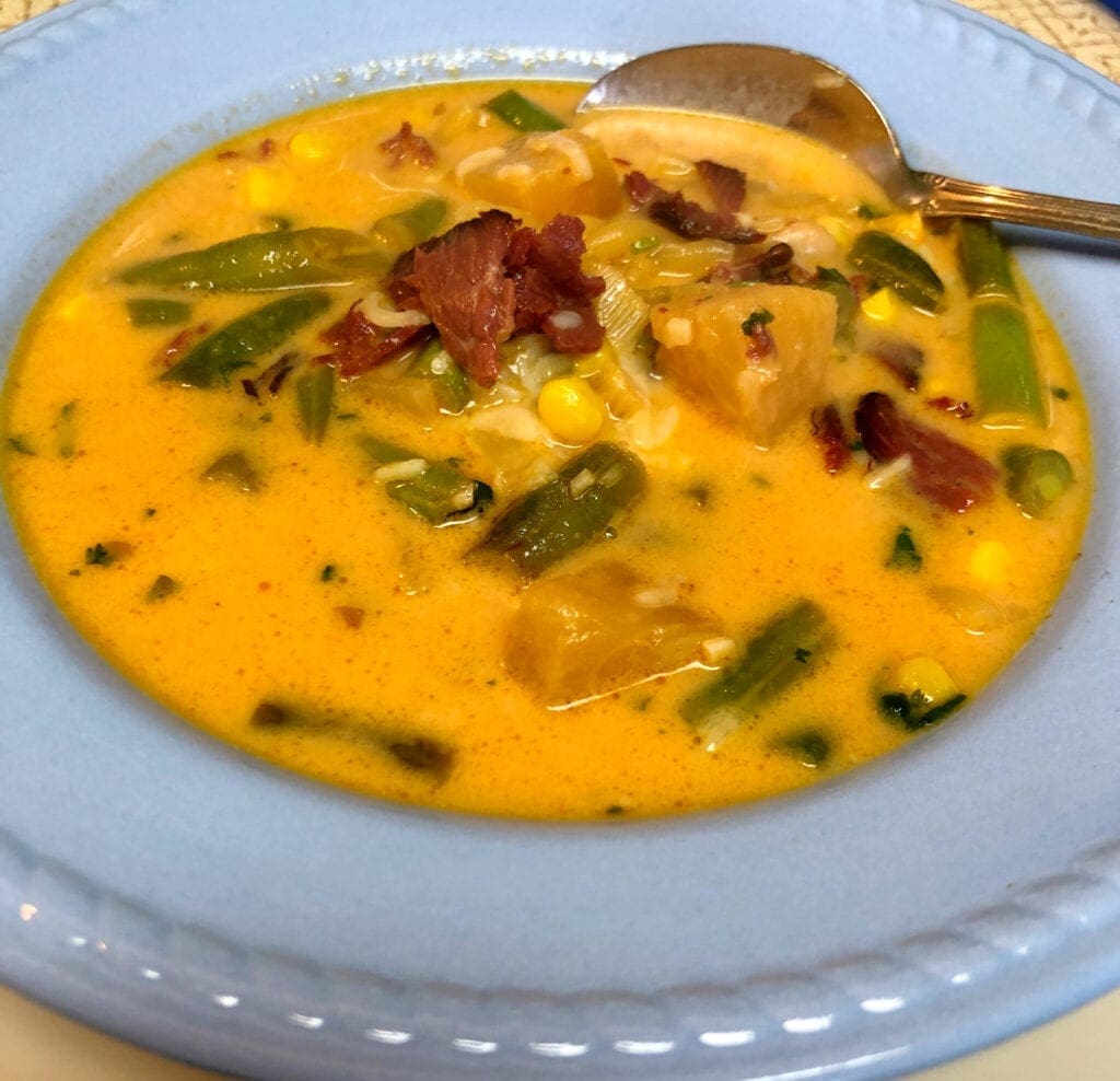 Serving Hearty Beef Chowder in Soup Bowl