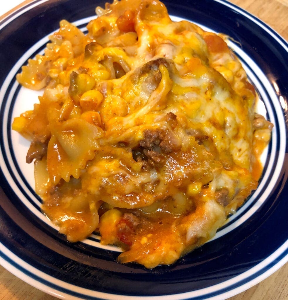 Sloppy Joe Casserole Served on Blue Plate