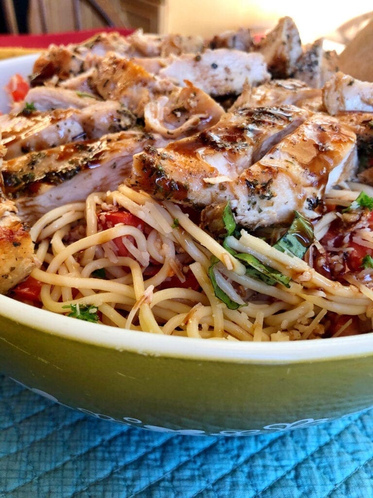 Bruschetta Chicken Pasta with Balsamic Vinegar Glaze