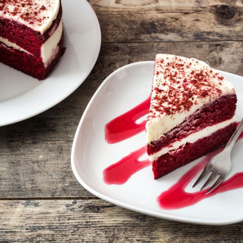 Red and White Cake with Raspberry Sauce