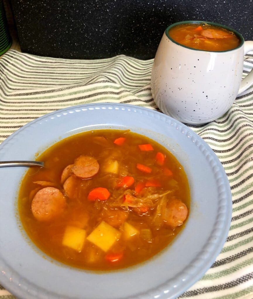 Easy Sauerkraut Soup Served in a Cup and Bowl