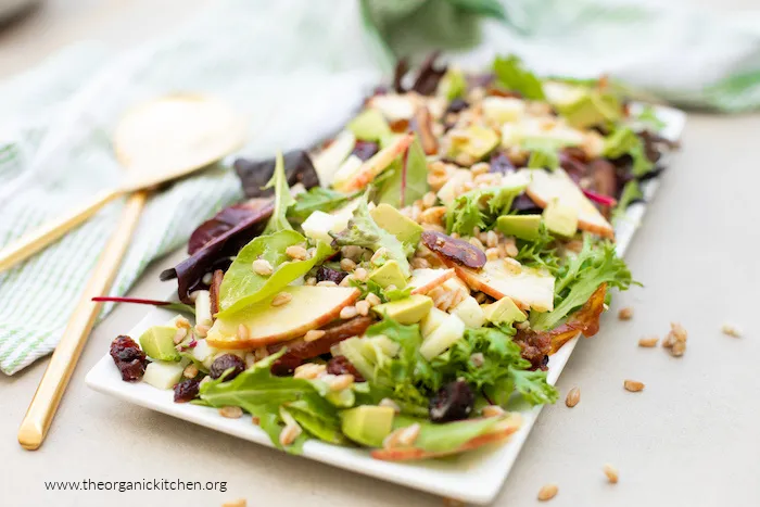 APPLE AND FARRO SALAD served on rectangle plate