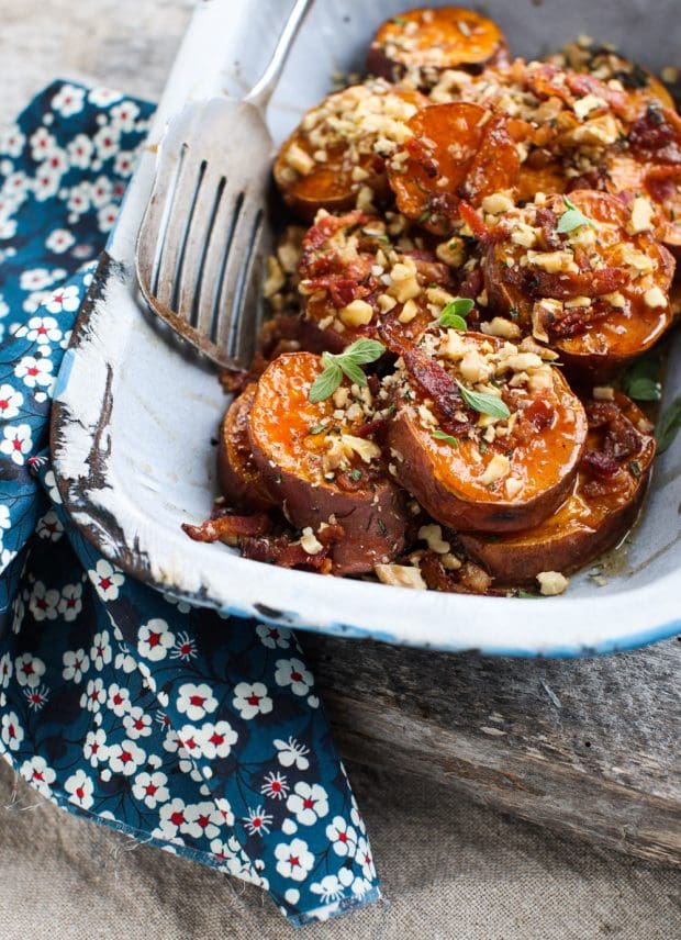 Maple-Glazed Sweet Potatoes with Walnut-Bacon Crumble