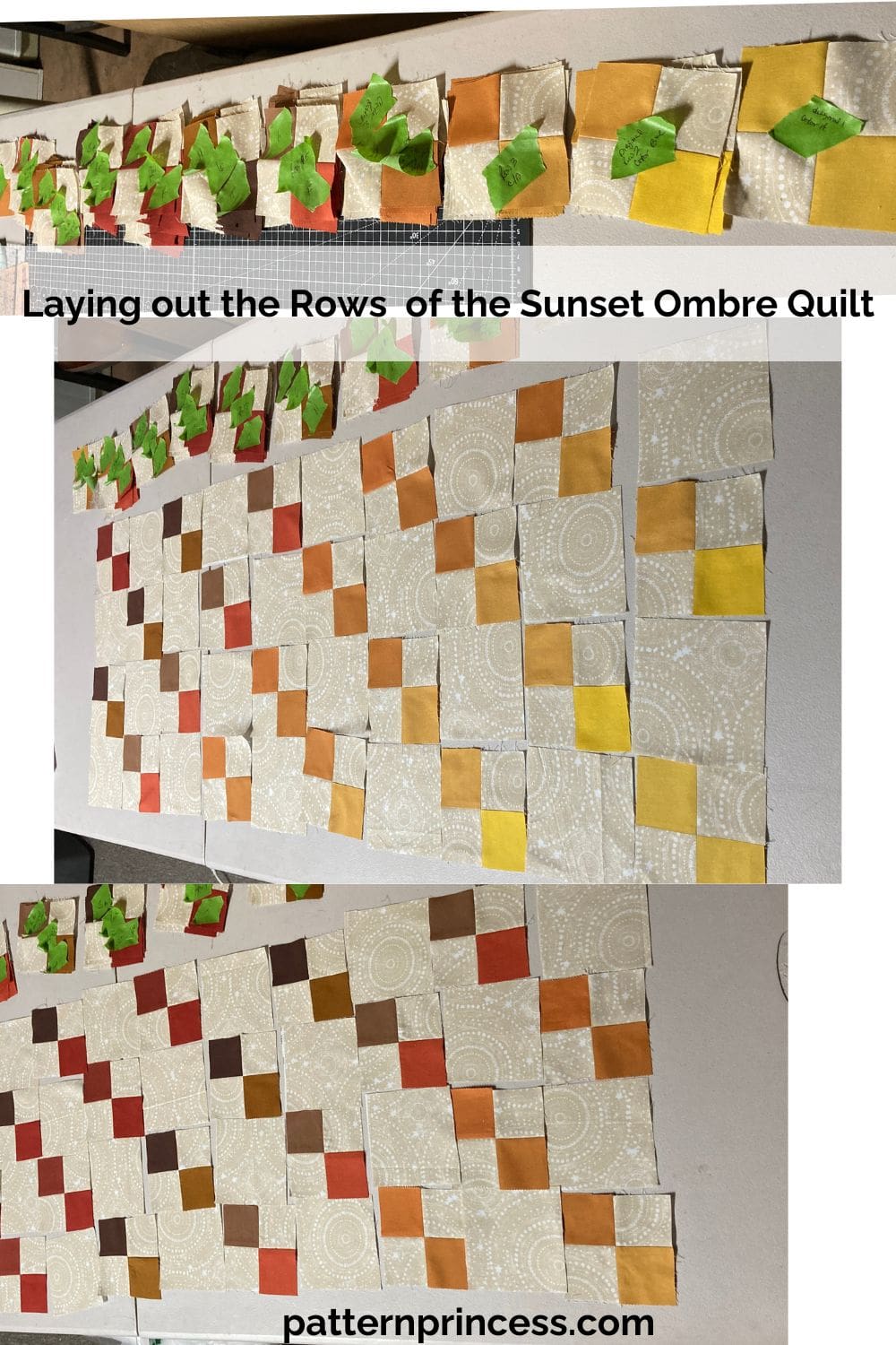 Laying out the Rows of the Sunset Ombre Quilt