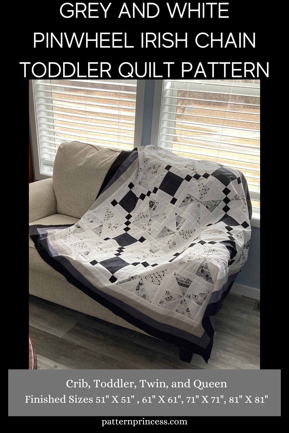 Grey and White Pinwheel Irish Chain Toddler Quilt Pattern