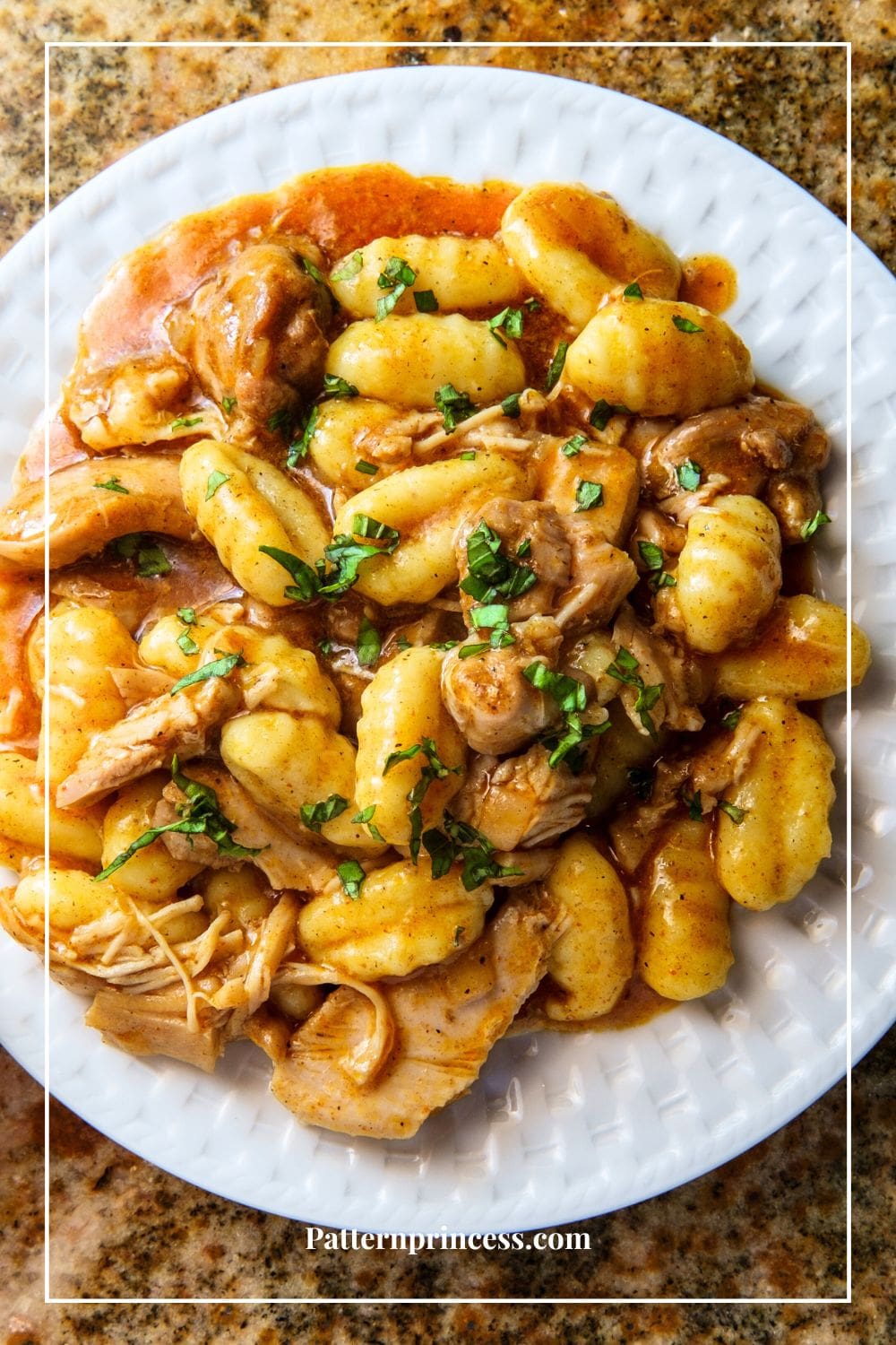 Chicken and Gnocchi on Plate Top Down Photo