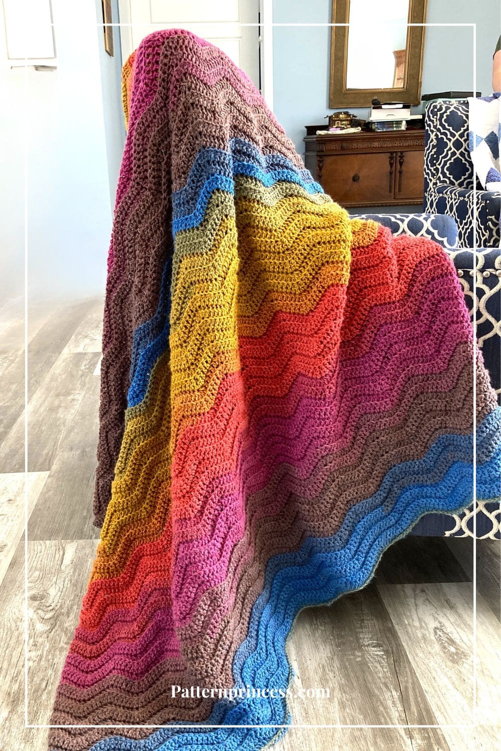 Rainbow Ripple Blanket Draped Over Chair