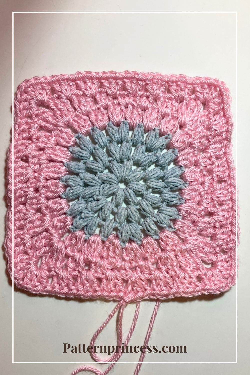 Pink and Grey Granny Square with Puff Stitch Circle Center