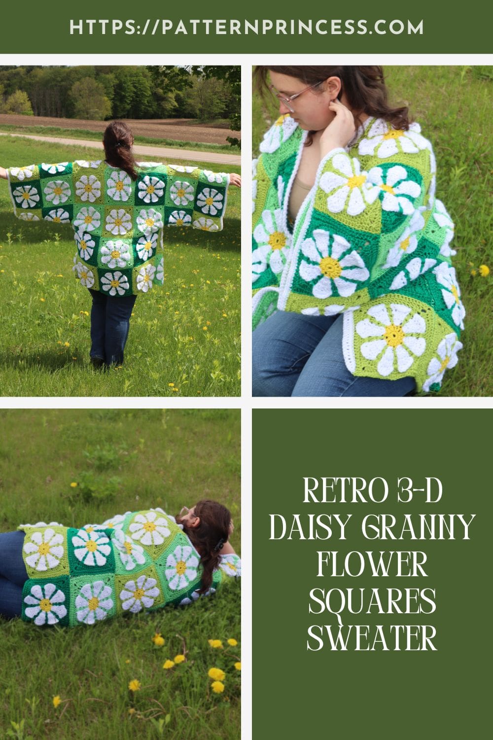 Retro 3-D Daisy Granny Flower Squares Sweater