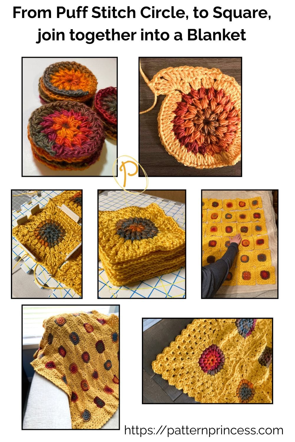From Puff Stitch Circle, to Square, join together into a Blanket