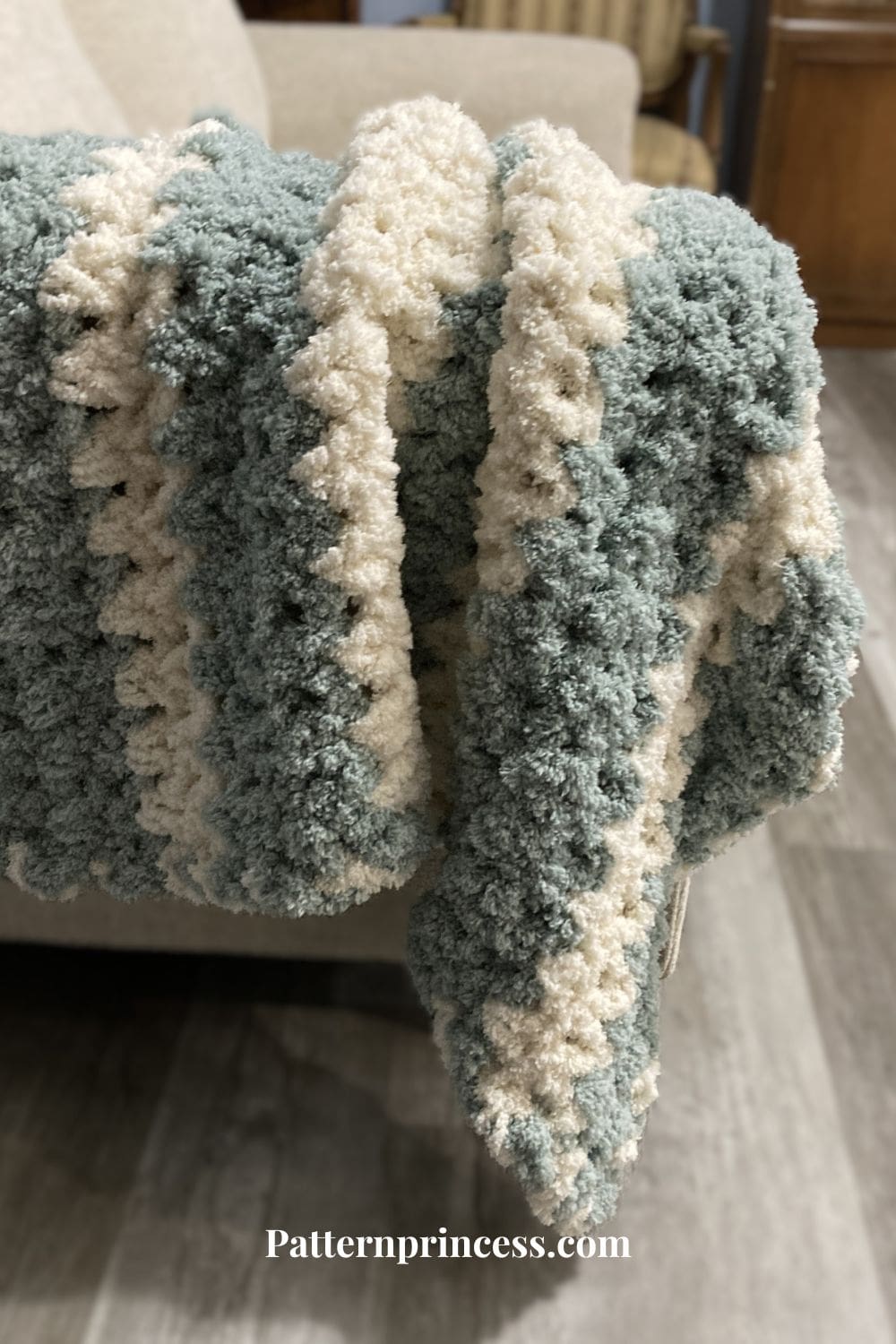 Plush Fluffy Crochet Blanket on Arm of Sofa