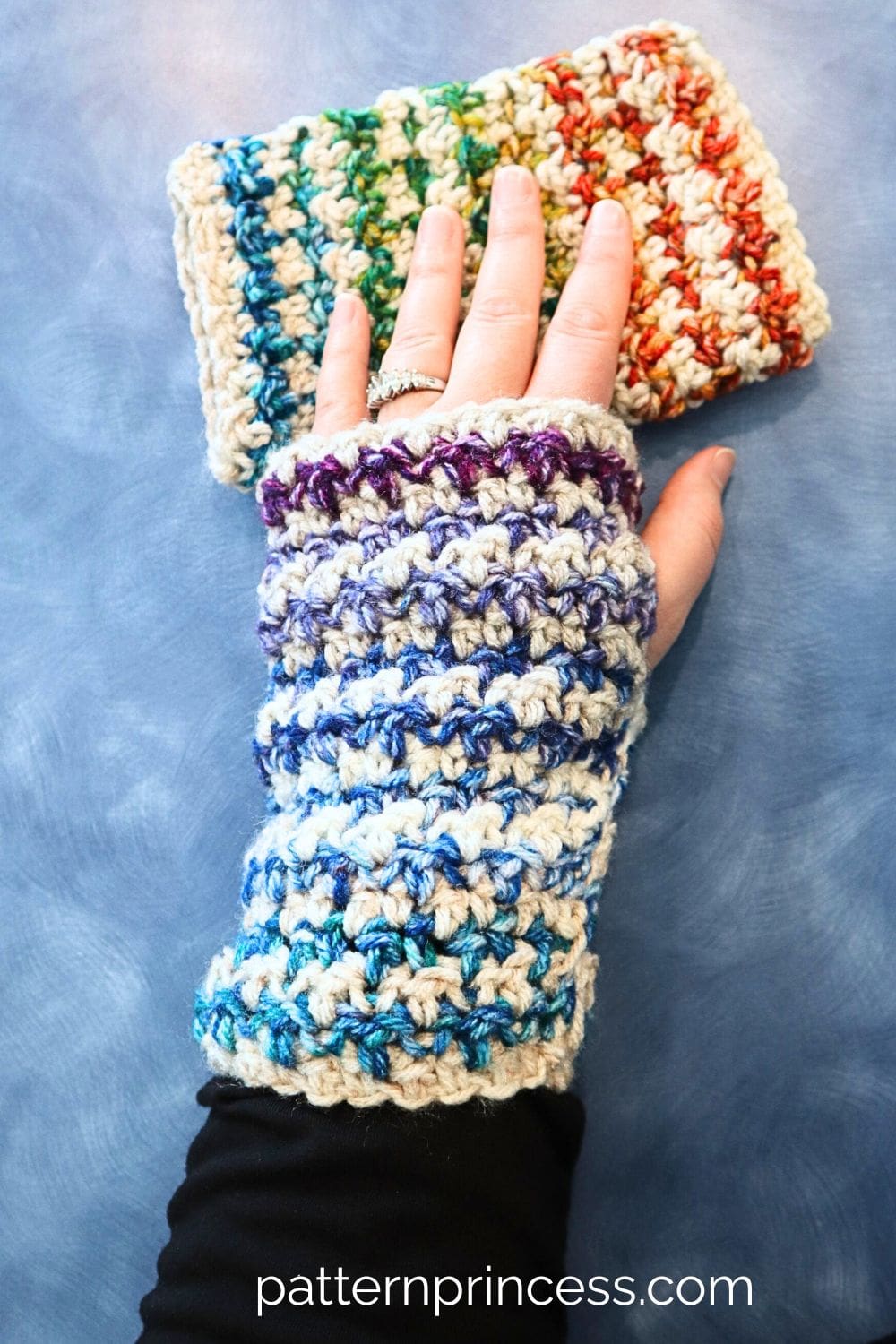 Beginner Friendly Frost Blossom Fingerless Gloves Modeled