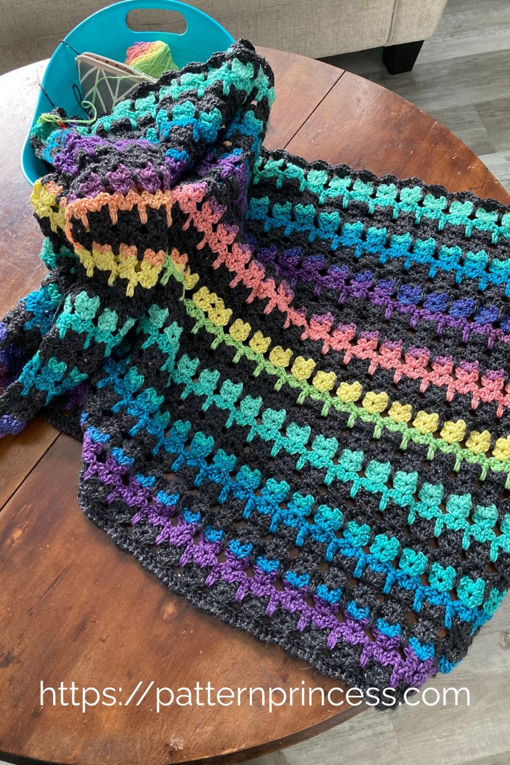 Brightly colored cat stitch blanket