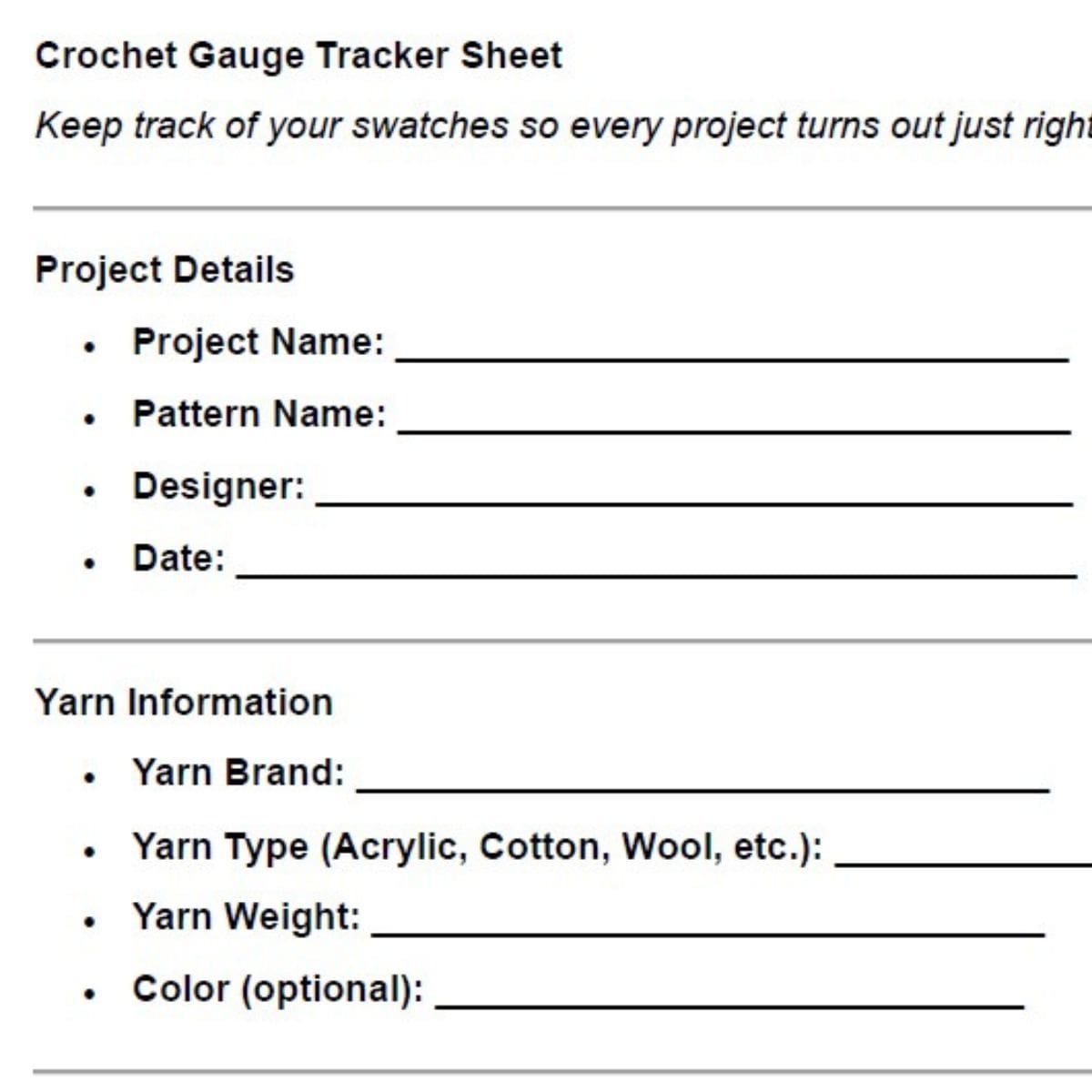 Crochet Gauge Tracker Sheet