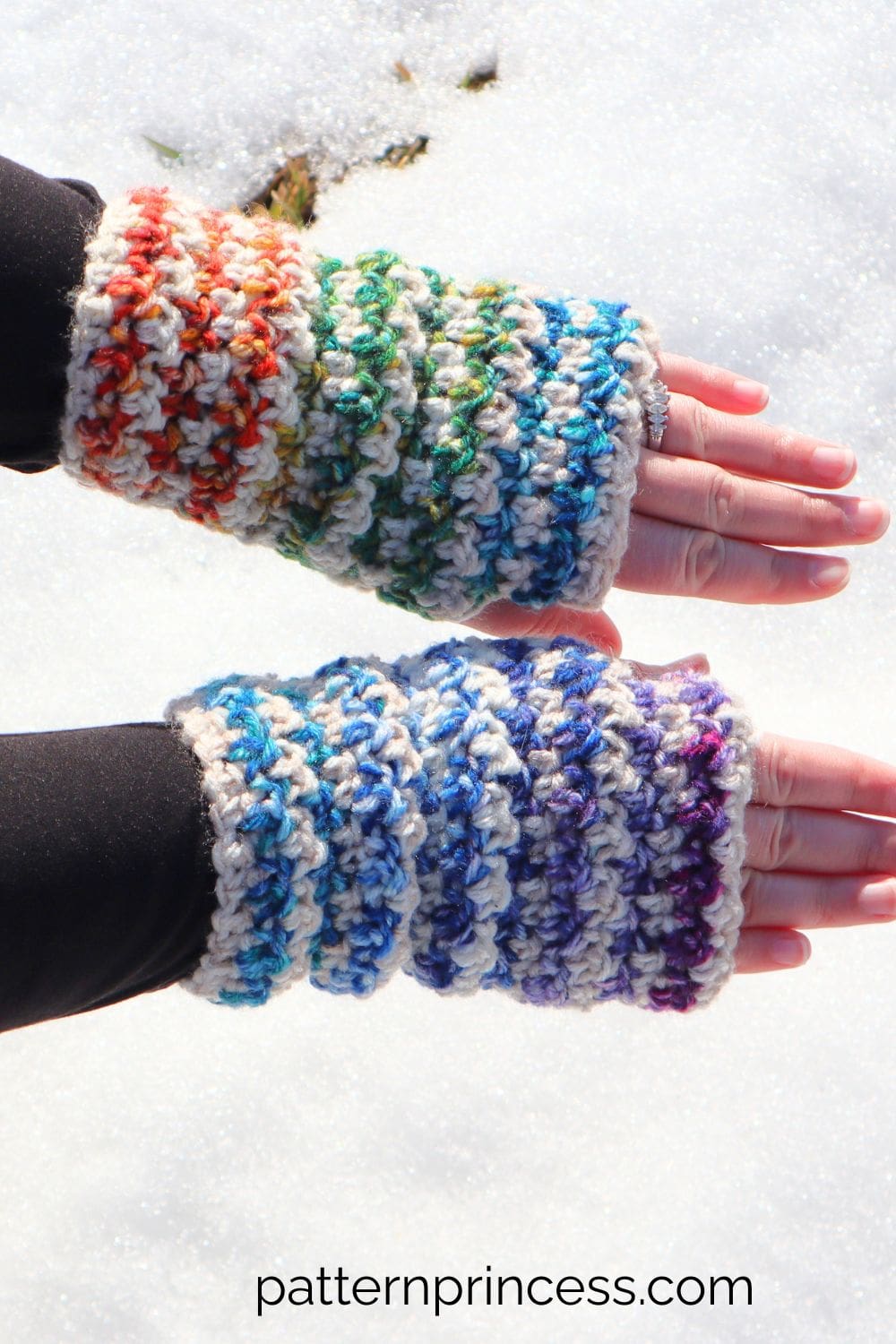 Frost Blossom Wrist Warmers with Snow in Background