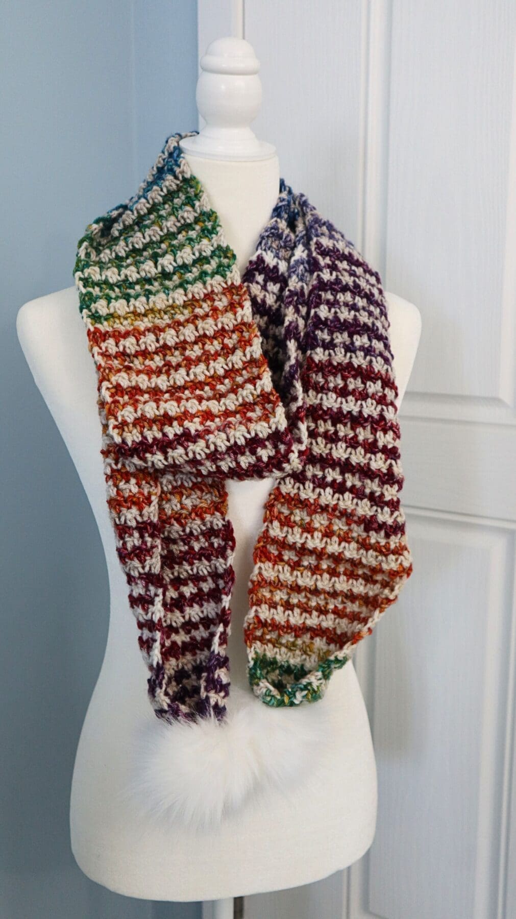 Frost blossom Pom Pom Scarf Dress Form Front Wrapped