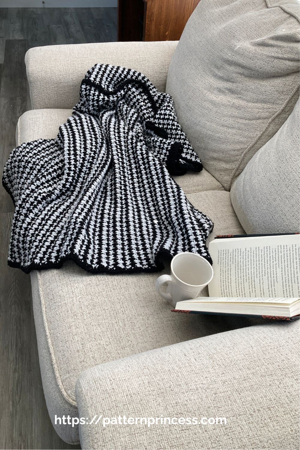 Grey and Black Houndstooth Crochet Blanket on Sofa